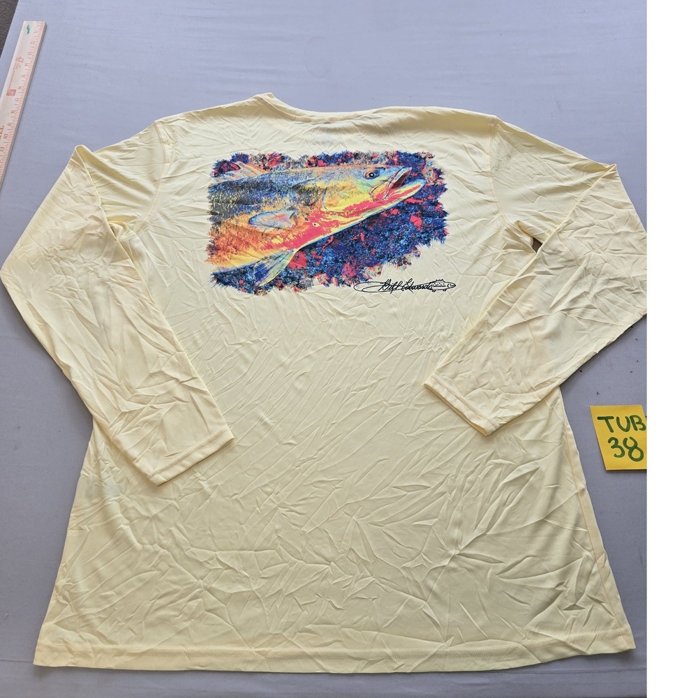 Be Fish Mens XL UPF 50 Long Sleeve Fishing Shirt Yellow Jeff Edwards Graphic